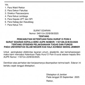 UIN KHAS Jember Terbitkan Surat Edaran Baru Terkait Efisiensi Layanan Akademik dan Kemahasiswaan